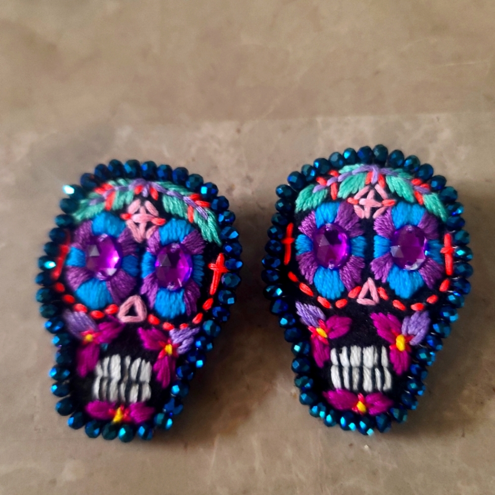 Colorful Skull Embroidered Earrings